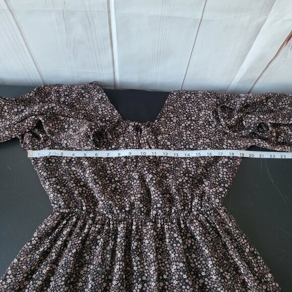 Maurices Floral Midi Dress, Sheer Long Sleeve, Black/Pale Pink Flowers, Boho - Picture 9 of 12